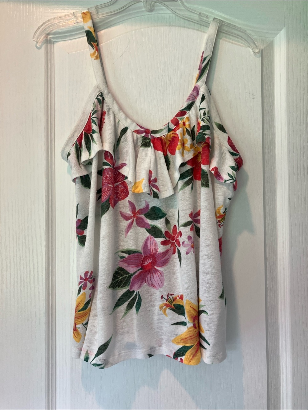 Old Navy Linen Blend White Floral Ruffle Camisole with Pink & Yellow Flowers